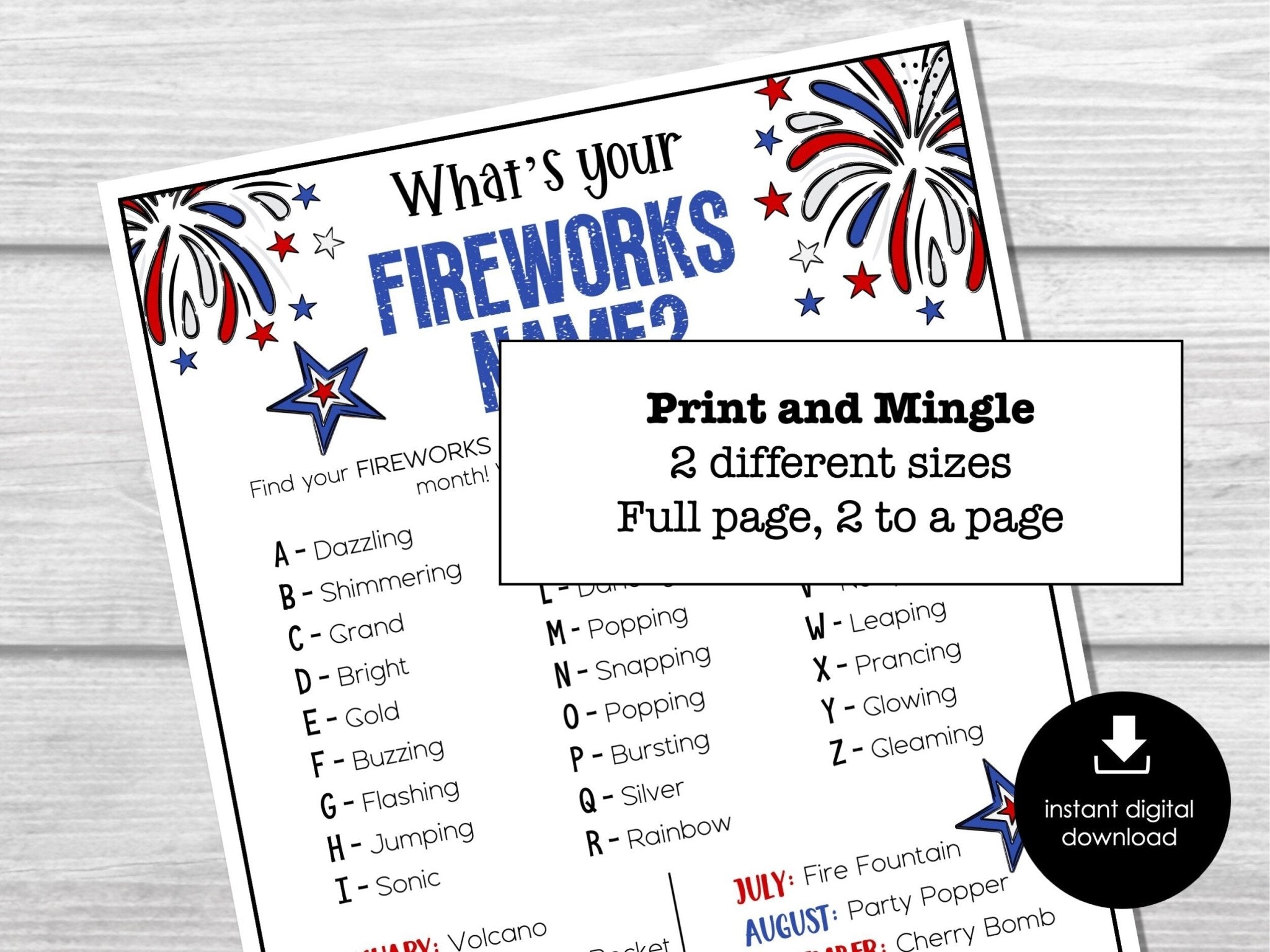 What's your fireworks name? 4th of July Ice Breaker Game, Name tags, Sign, Labor Day Game, Fourth of July Game, Kids, Adults, Party Game - Before The Party