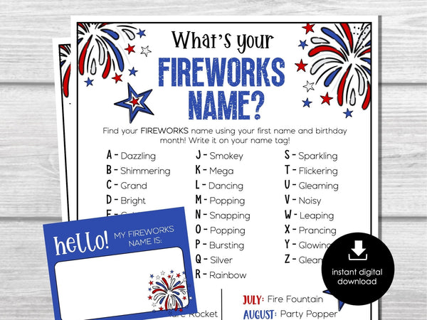 What's your fireworks name? 4th of July Ice Breaker Game, Name tags, Sign, Labor Day Game, Fourth of July Game, Kids, Adults, Party Game - Before The Party