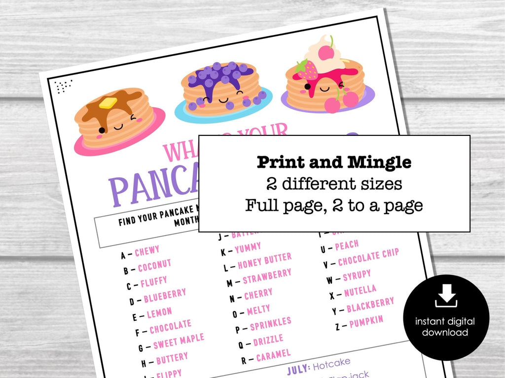 What's Your Pancake Name Game, Pancake Name Tags and Sign, Pancake Breakfast IceBreaker, Pancake Day Party Activity Printable, Kids, Adults - Before The Party