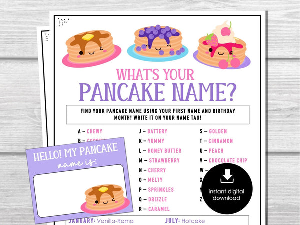What's Your Pancake Name Game, Pancake Name Tags and Sign, Pancake Breakfast IceBreaker, Pancake Day Party Activity Printable, Kids, Adults - Before The Party