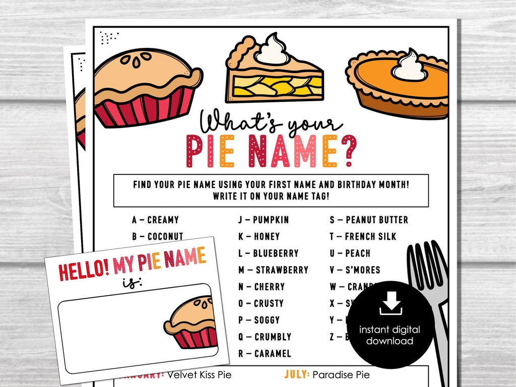 What's Your Pie Name with Name tags & Sign, Icebreaker, Pie Contest, Thanksgiving, Fun Party Name Game, Holiday Pie Night Name Generator - Before The Party