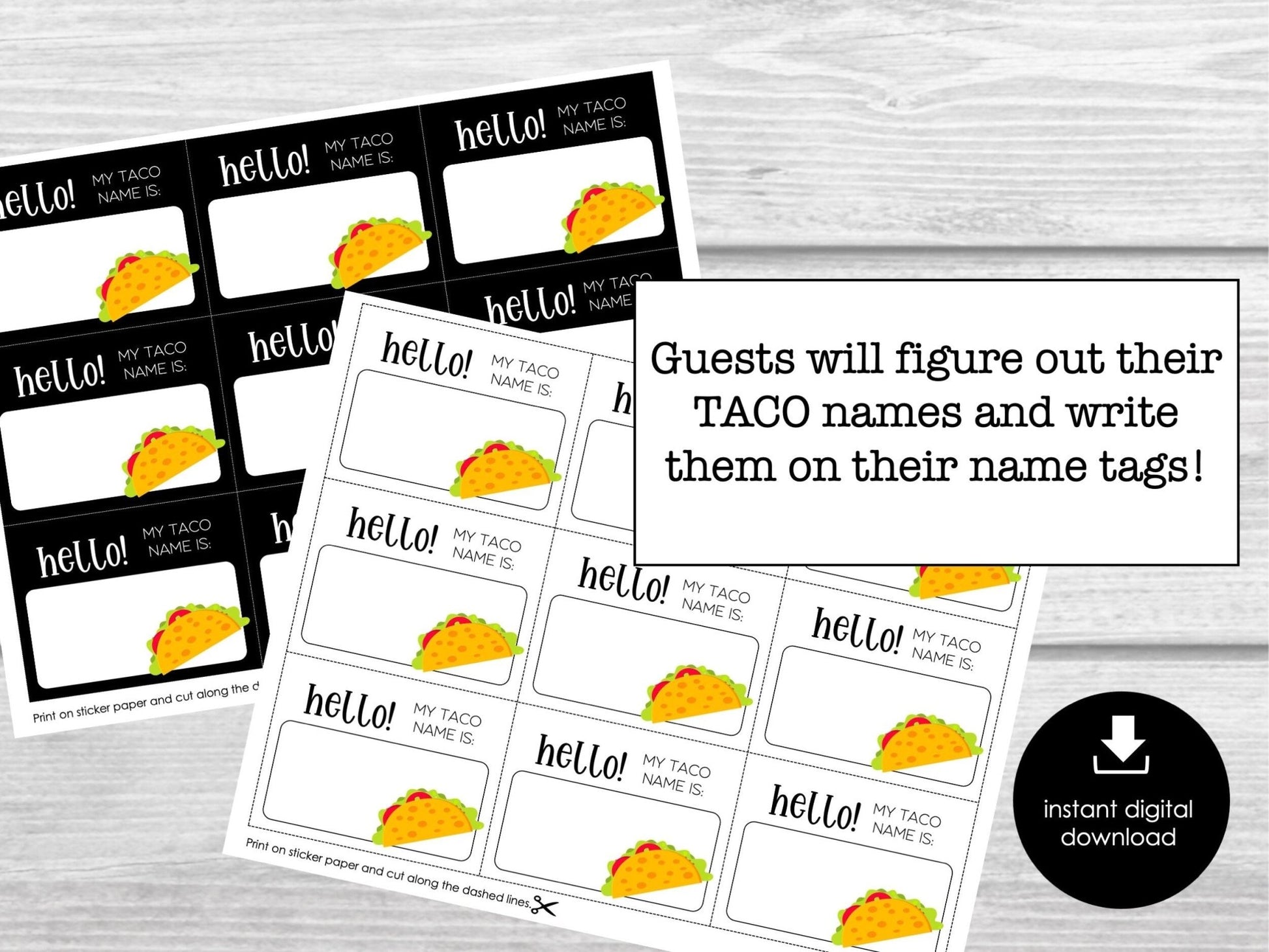 What's Your Taco Name Game, Taco Name Tags and Sign, Mexican Fiesta Party Ice Breaker