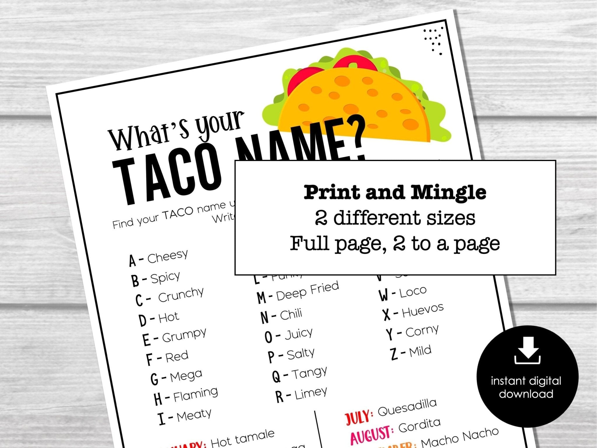 What's Your Taco Name Game, Taco Name Tags and Sign, Mexican Fiesta Party Ice Breaker, Party Activity for Kids and Adults, Office Party - Before The Party