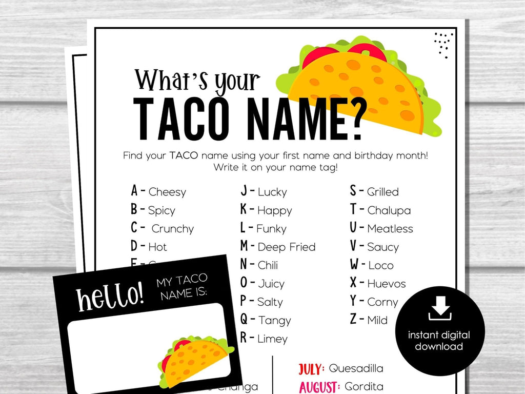 What's Your Taco Name Game, Taco Name Tags and Sign, Mexican Fiesta Party Ice Breaker, Party Activity for Kids and Adults, Office Party - Before The Party