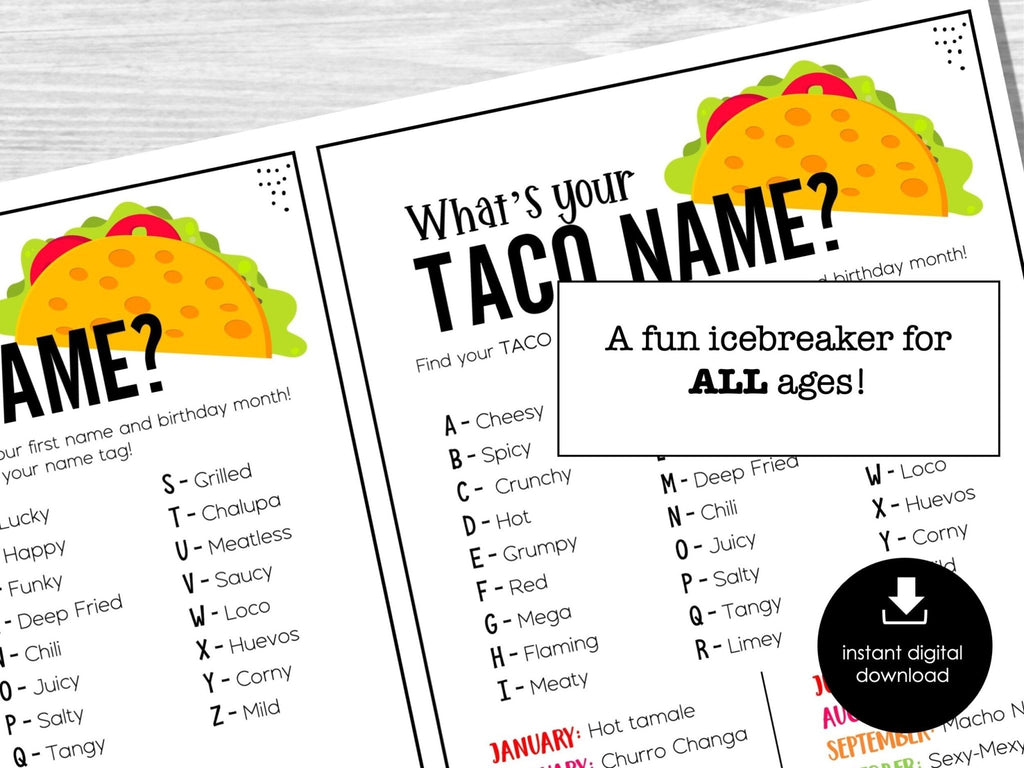 What's Your Taco Name Game, Taco Name Tags and Sign, Mexican Fiesta Party Ice Breaker, Party Activity for Kids and Adults, Office Party - Before The Party