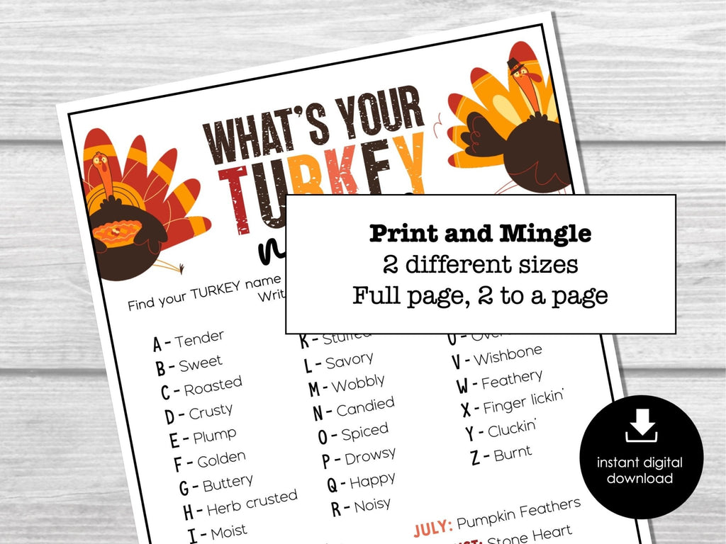 What's Your Turkey Name, Thanksgiving Name Game, Friendsgiving Name Tags, Ice Breaker for Kids & Adults, Fun Turkey Day Name Game - Before The Party
