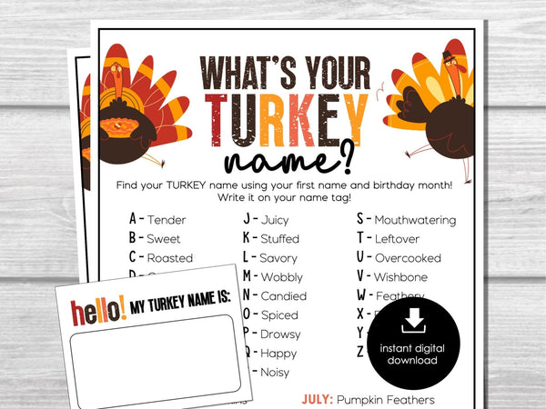 What's Your Turkey Name, Thanksgiving Name Game, Friendsgiving Name Tags, Ice Breaker for Kids & Adults, Fun Turkey Day Name Game - Before The Party