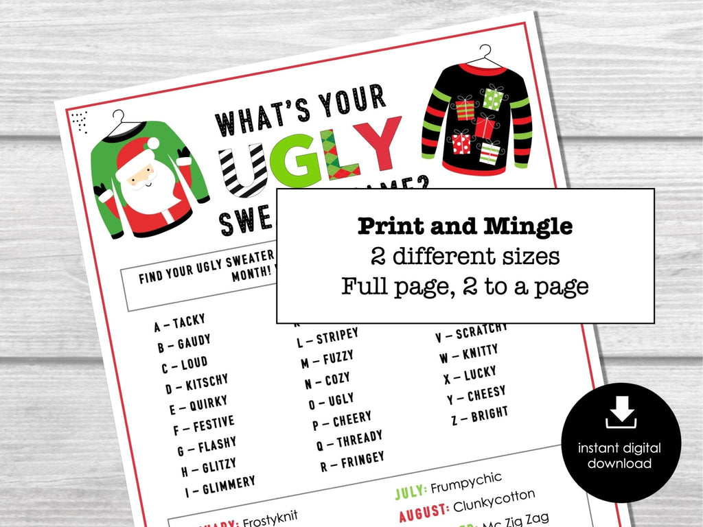 Whats Your UGLY SWEATER Name, Christmas Fun Name Game, Fun Party Name Tags, Ice Breaker for Kids, Teens and Adults, XMAS Name Generator Game - Before The Party