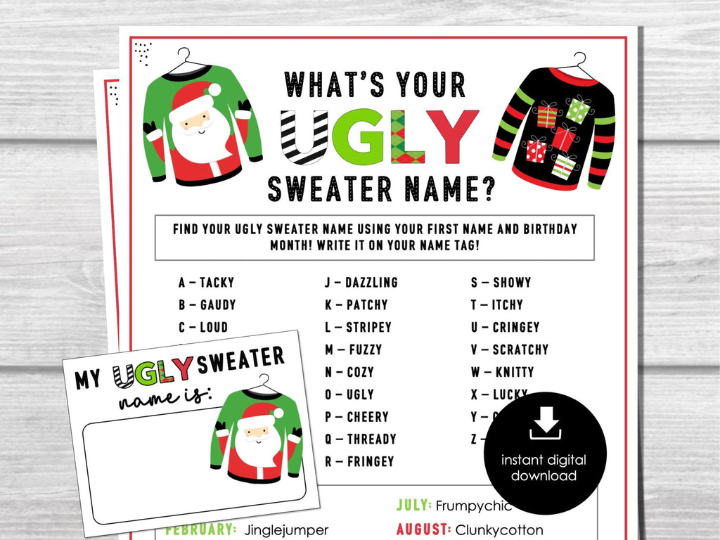 Whats Your UGLY SWEATER Name, Christmas Fun Name Game, Fun Party Name Tags, Ice Breaker for Kids, Teens and Adults, XMAS Name Generator Game - Before The Party