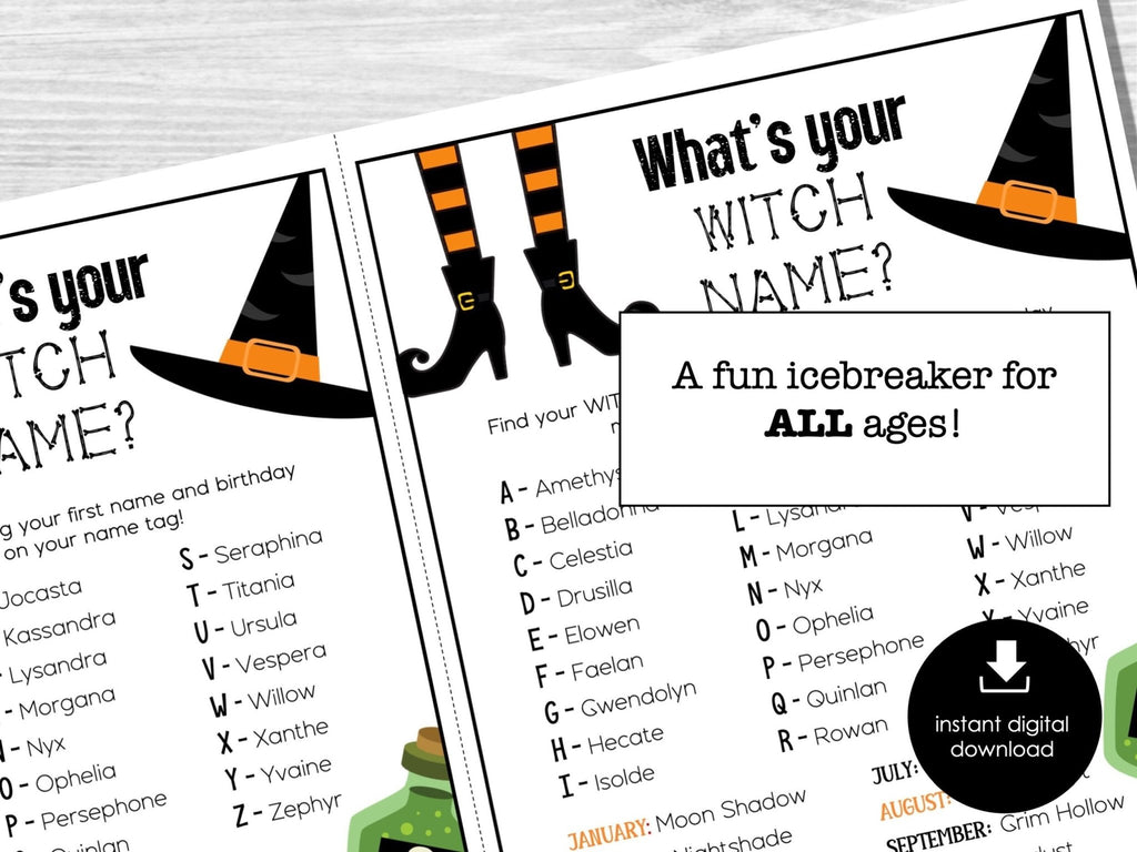 What's Your Witch Name, Halloween Witch Name Game, Halloween Name Tags and Sign, Party Ice Breaker, Halloween Party Activity, Office Party - Before The Party