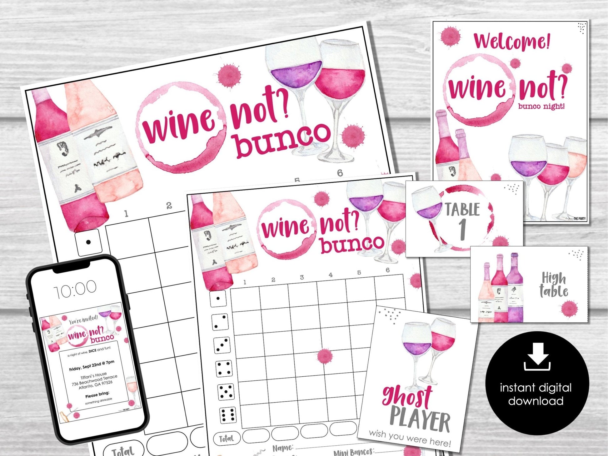 Wine Lovers Bunco Score Sheets, Funny Wine Bunco, Wine tasting Bunco Tally Sheets
