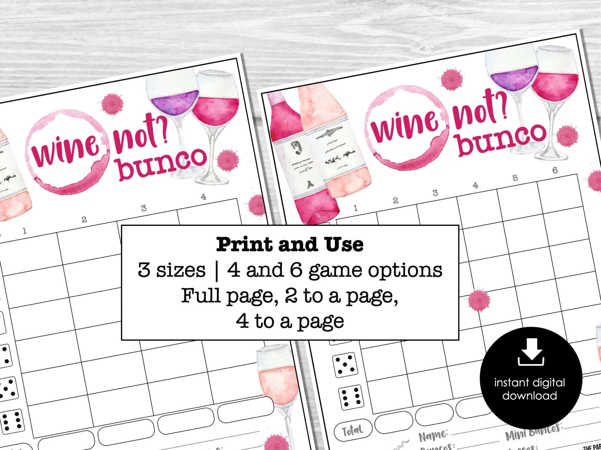 Wine Lovers Bunco Score Sheets, Funny Wine Bunco, Wine tasting Bunco Tally Sheets
