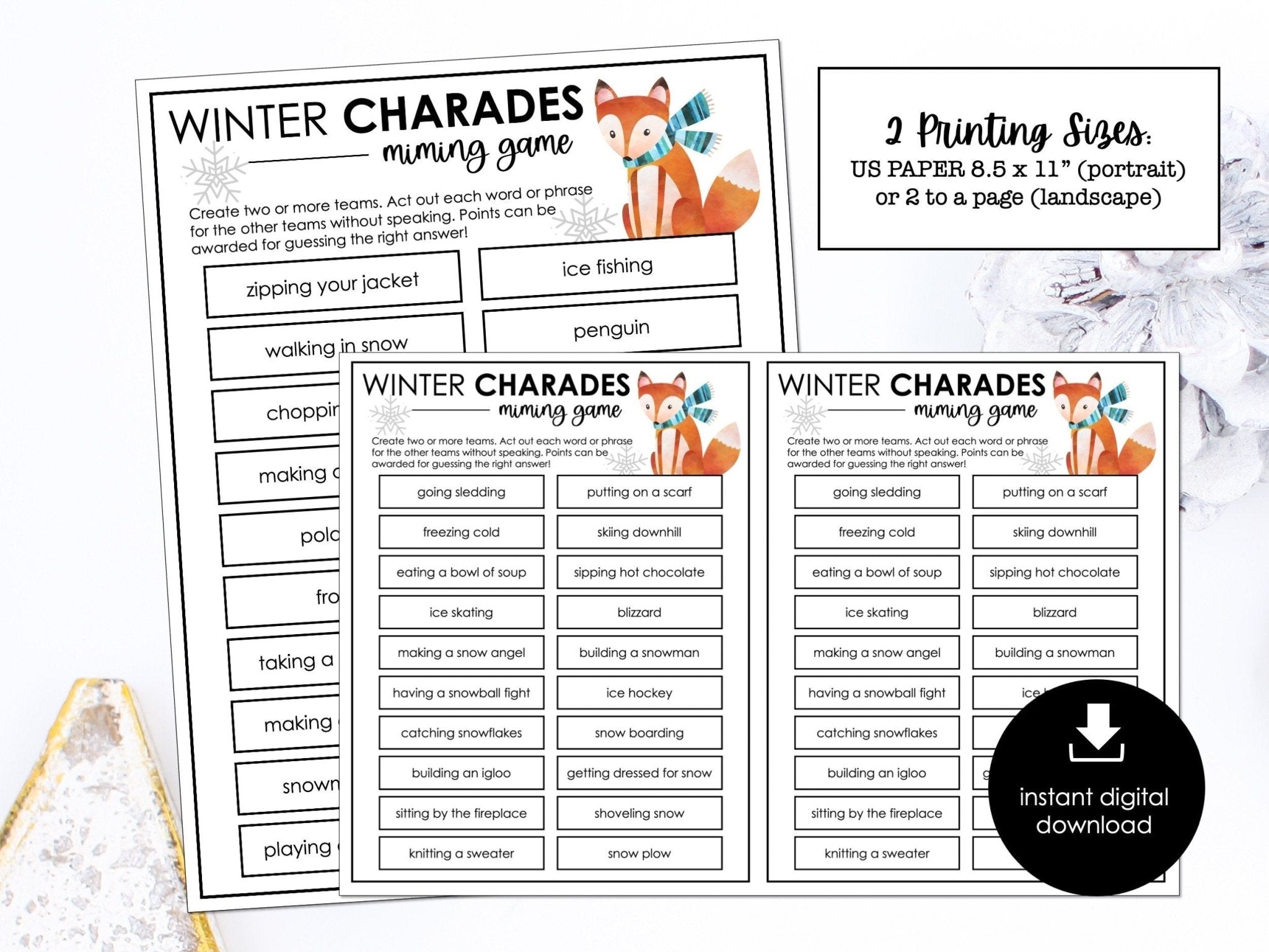 Winter Charades Party Game for Kids, Classroom Charades Holiday Miming Game