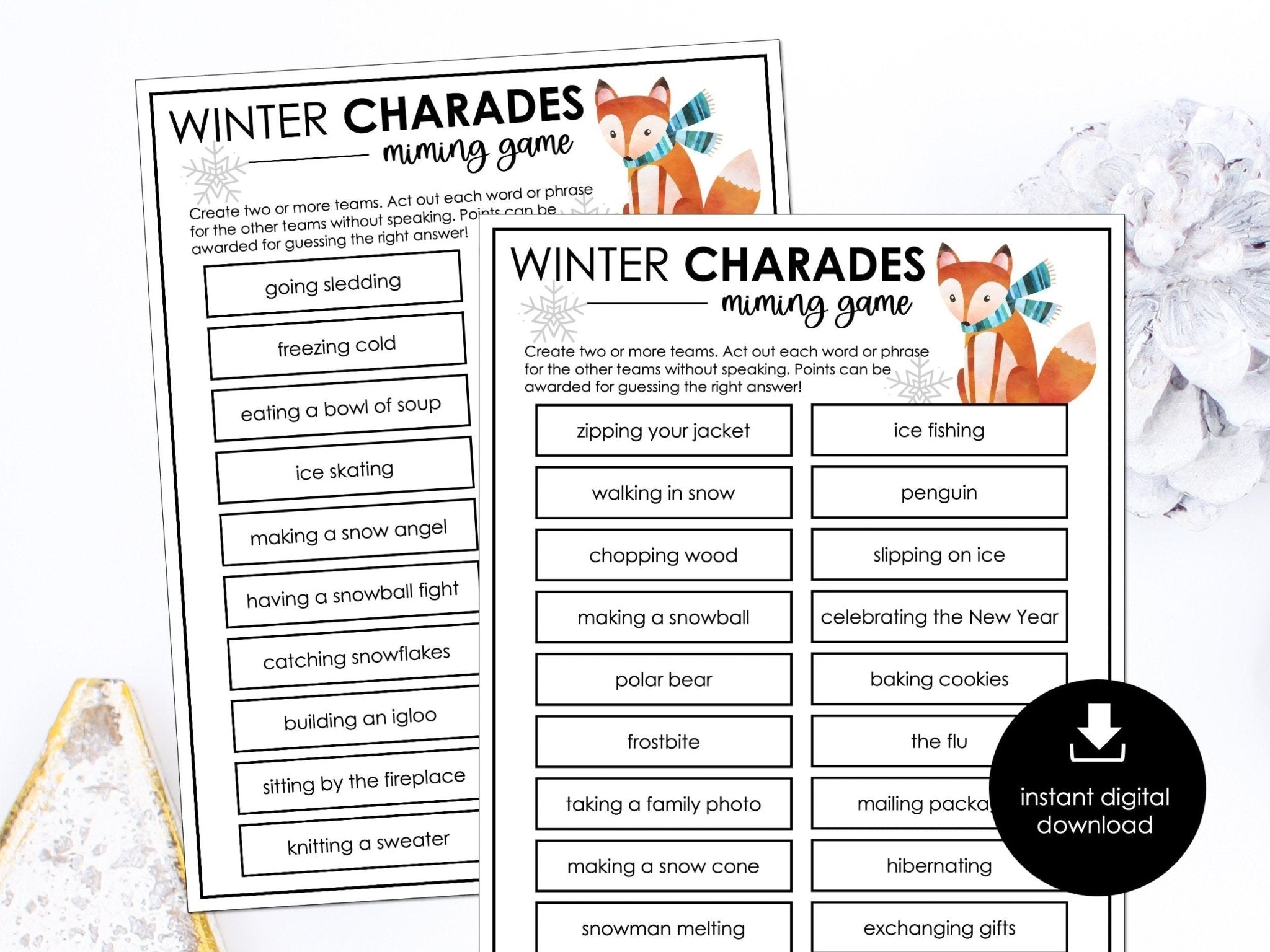 Winter Charades Party Game for Kids, Classroom Charades Holiday Miming Game